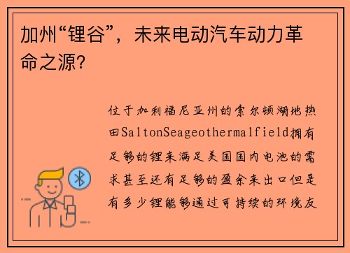 加州“锂谷”，未来电动汽车动力革命之源？